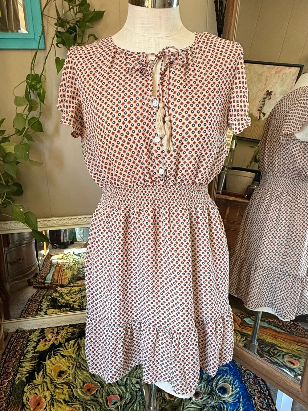 dip Short Sleeve Midi Dress in Cream and Rust Dot, Large
